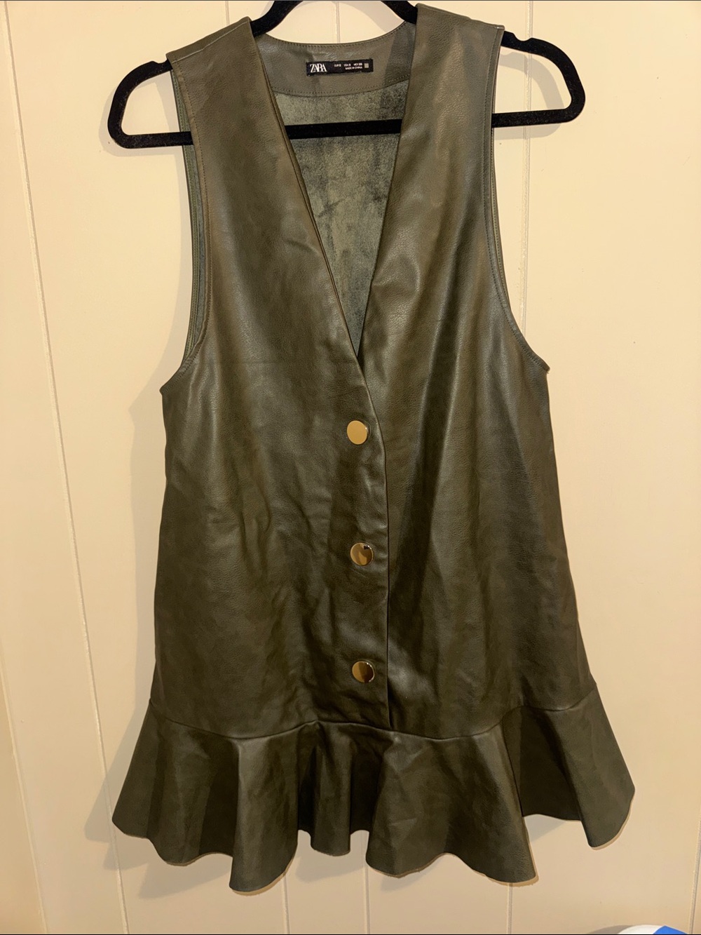 Zara Olive Green Faux Leather V-Neck Dress with Ruffle Hem - Picture 2 of 5